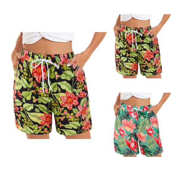 Womens Shorts Casual Summer Beach Shorts Elastic Waist Floral Print With 2 Pockets for Women