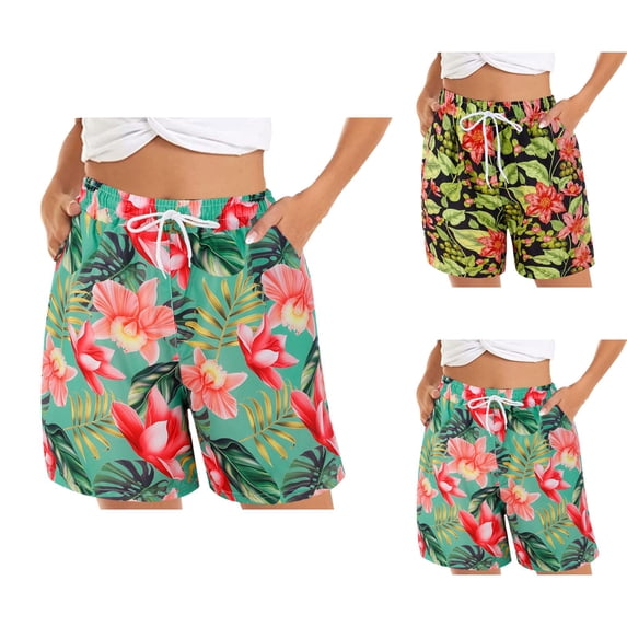 Womens Shorts Casual Summer Beach Shorts Elastic Waist Floral Print With 2 Pockets for Women
