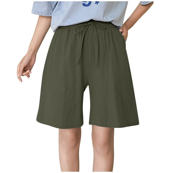 Womens Shorts Casual Summer Fashion Casual Shorts Solid Color Cotton Linen Breathable Loose Medium Pants Women's Lounge Pants Army Green M