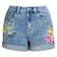 thumbnail image 1 of Womens Shorts Casual Summer Holes Irregular Denim Tassels Denim Mid Waisted Embroidered Flower Travel Attire Short Pants, 1 of 7