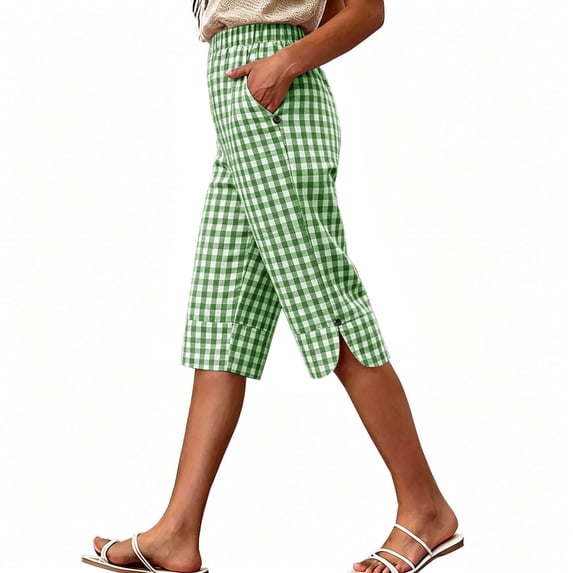 Womens Shorts Casual,Women's Gingham Bermuda Shorts Casual Elastic High Waist Short Summer Casual Side Slit Button Shorts with Pockets