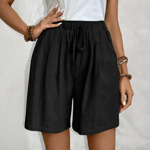 Womens Shorts Cotton Linen Beach Shorts for Women High Waist Drawstring Casual Solid Color Shorts Summer Holiday Short Pants with Pockets S-2XL