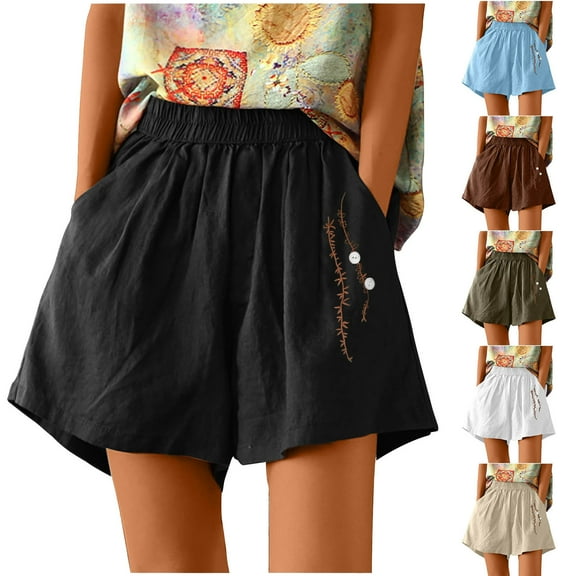 Womens Shorts Clearance Linen Shorts For Women,Women Summer High Waisted Linen Embroidery Short Wide Leg Shorts With Pockets Womens Shorts