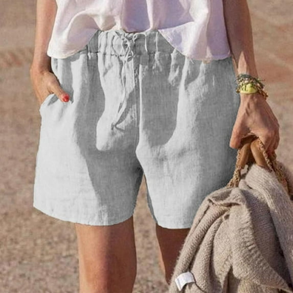 Women'S Spring And Summer Solid Color Over Size Loose Cotton And Linen Casual Versatile Pants Elastic Waist Lace-Up Shorts