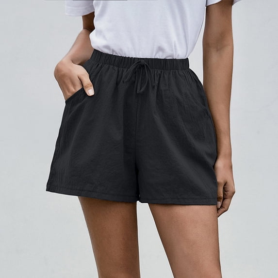 Womens Shorts Summer Cotton Linen Shorts for Women High Waist Drawstring Wide Leg Casual Ligheweight Short Pants with Pockets