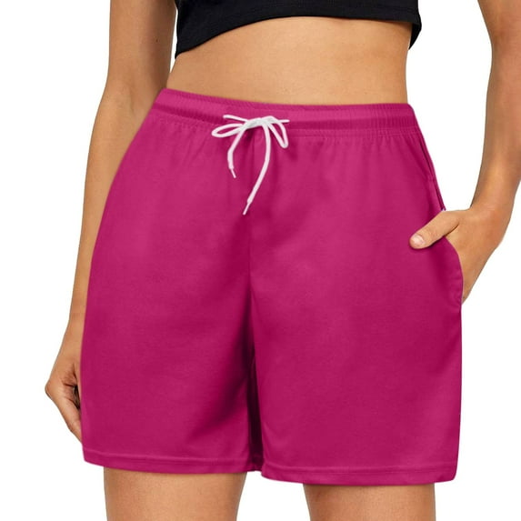 Womens Shorts Drawstring Solid Color Elastic Waist Shorts with Pocket Summer Casual Pants Womens Running Shorts Hot Pink XS
