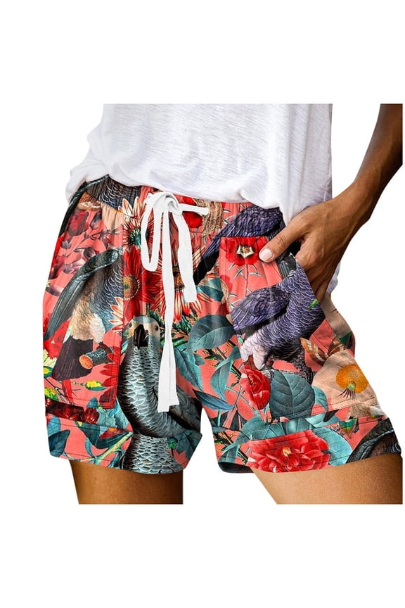 Womens Shorts Drawstring Summer C Printed Elastic Waist Cotton Comfy Lightweight Pants Summer Casual Beach Shorts with Pockets S-3XL