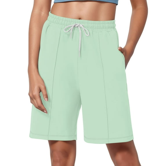 Women's Shorts 2025 Drawstring Waist Long Yoga Shorts Casual Loose Athletic Gym Shorts with Pockets mint green X-Large