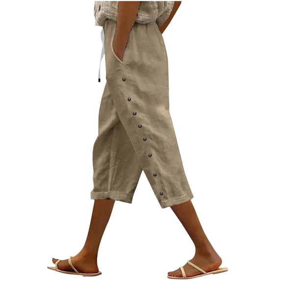 Womens Shorts Elastic High Waist Cotton Linen Pants Solid Color Wide Leg Lightweight Cropped Pant with Pockets