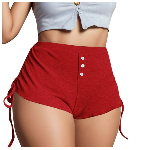 Womens Shorts Elastic Waist Casual Summer Drawstring Side Strap Soild Color Pants Gym Shorts