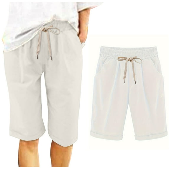 Womens Shorts Elastic Waist Double Layered Pleats Hem Straight Leg Casual Pants High Waist Sports Loose Casual Pants Gym Shorts