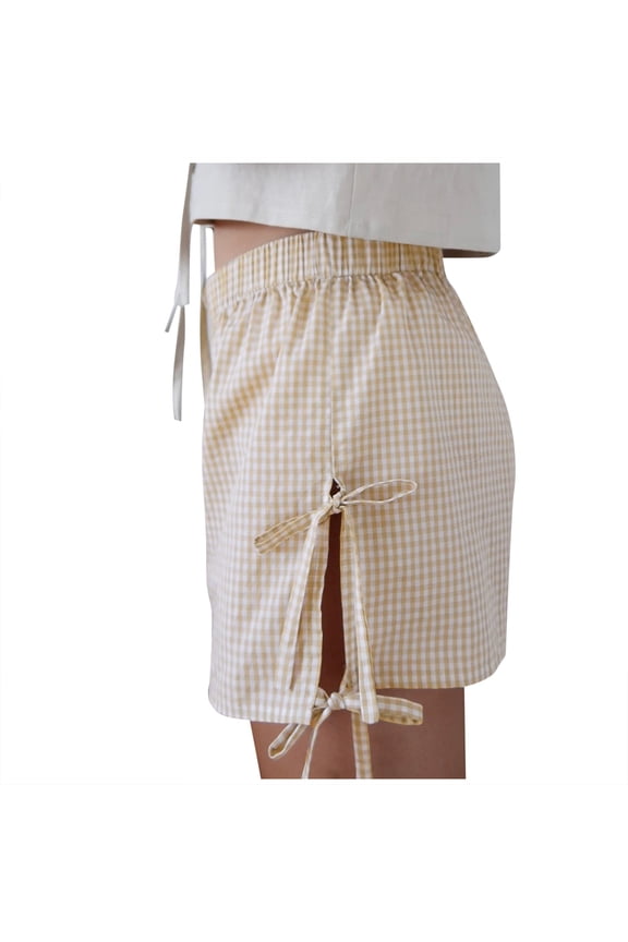 Womens Shorts Elastic Waist Retro Checkered Side Strap Loose Workout Shorts
