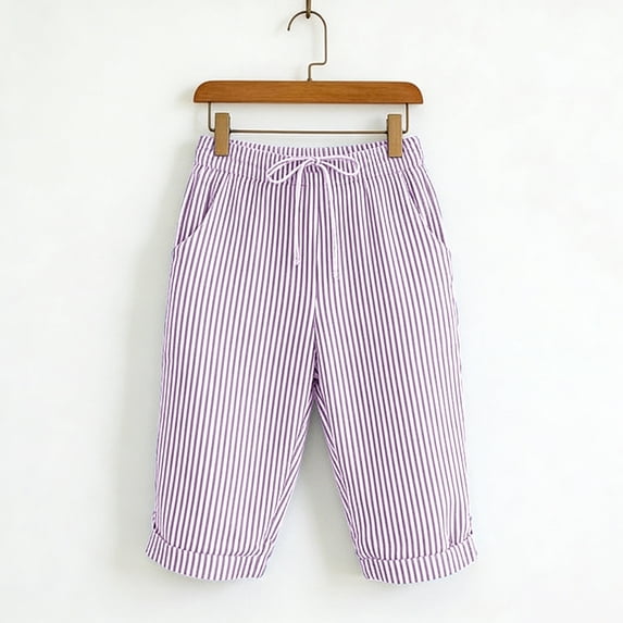 Womens Shorts with Pockets 100% Cotton Stripe Elastic Loose Straight Half Shorts