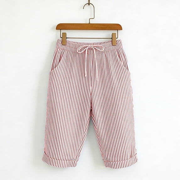 Summer Plus Size Shorts for Women with Pockets 100% Cotton Stripe Elastic Loose Straight Half Shorts