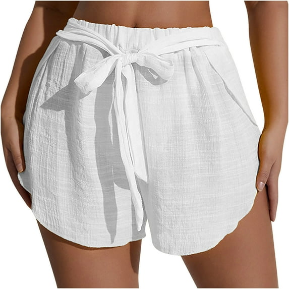 Womens Shorts AKAFMK Beach Shorts for Women Elastic High Waist Bandage Wide Leg Solid Lightweight And Breathable Loose Sports Shorts Hot Shorts Pants Summer Savings Clearance White