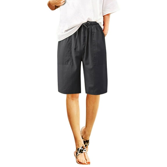 Womens Shorts AKAFMK Womens Cotton linen Knee Length Bermuda Shorts Drawstring Plus Size Casual Loose Fit Long Shorts Elastic Waist Shorts with Pockets Pants Dark Gray