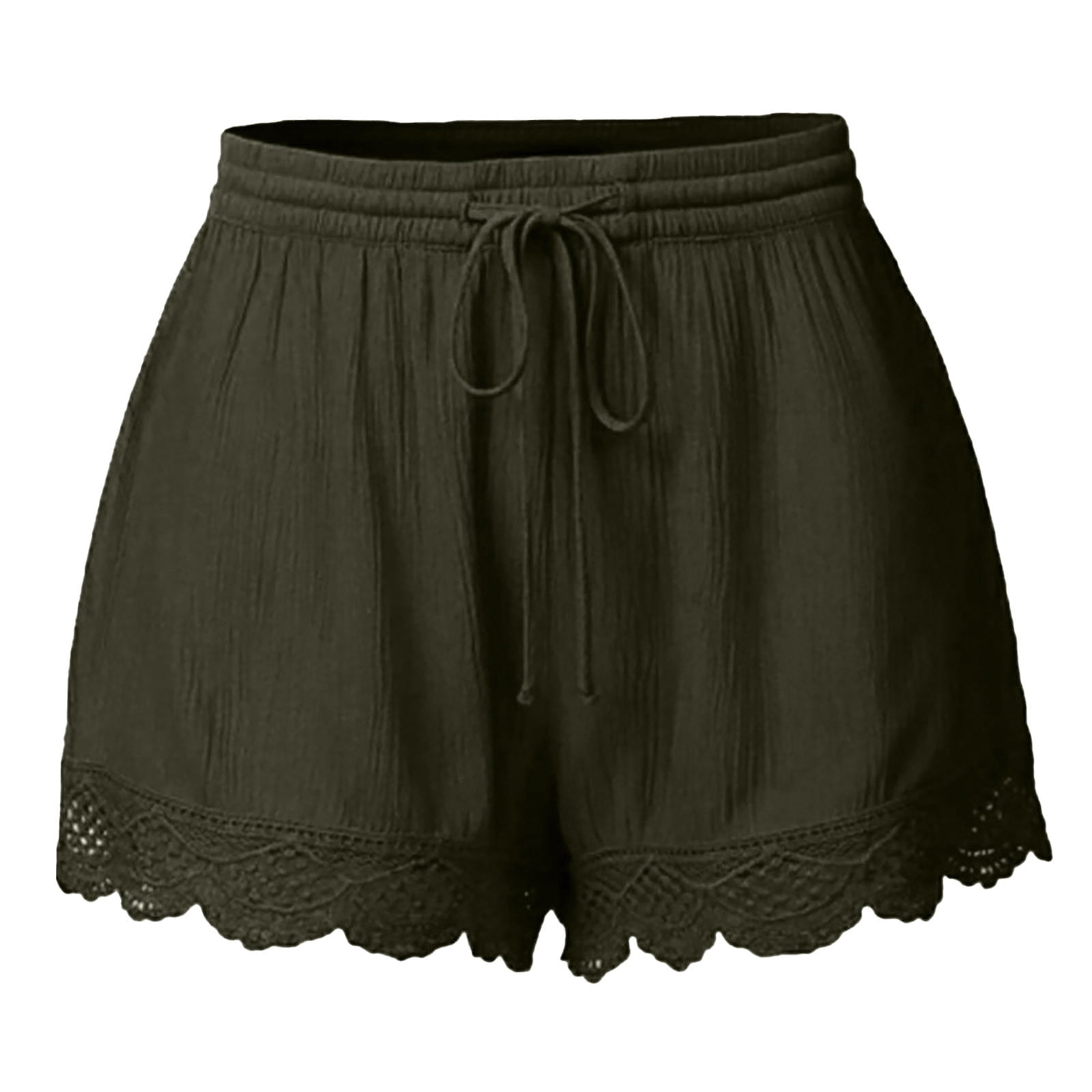 Womens Shorts Lace Crochet Hem Drawstring Elastic Waist Shorts Pure Color  Casual Running Shorts with Pockets