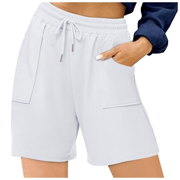Womens Shorts Ladies Summer High Waist Drawstring Fitness Pocketed Leisure Short Pants for Running Gym White M