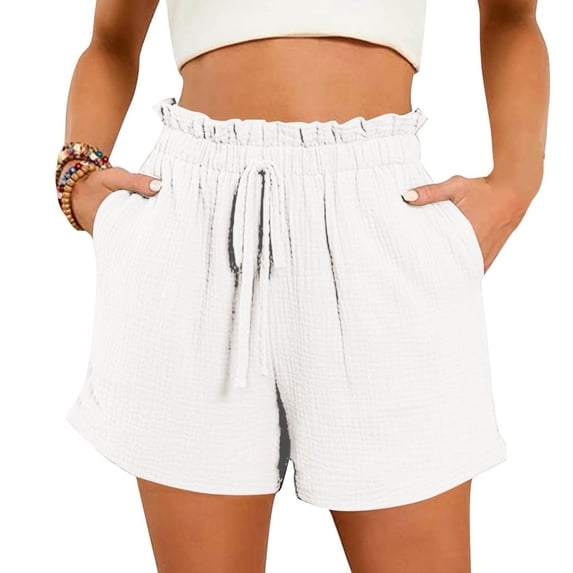 Womens Shorts Mid Rise Straight Leg Drawstring Elastic Waisted Summer Pull On Short for Women with Pockets