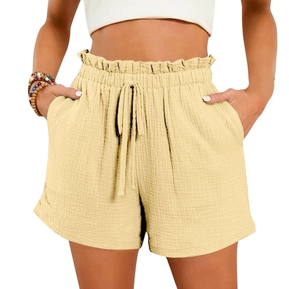 Womens Shorts Mid Rise Straight Leg Drawstring Elastic Waisted Summer Pull On Short for Women with Pockets