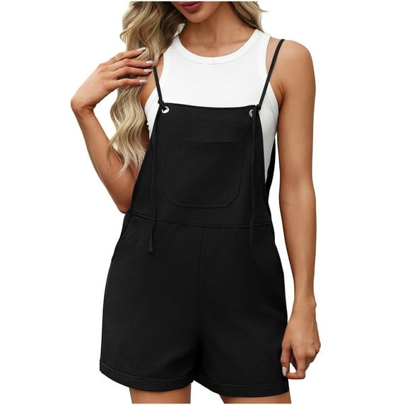 Womens Shorts Overalls Sleeveless Adjustable Strap Short Rompers Jumpsuit With Pockets Summer 2025 Black,S