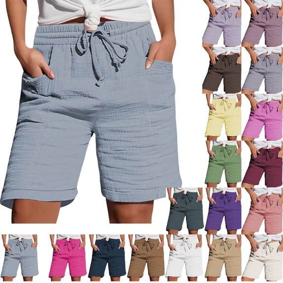 Womens Shorts Plus Size Fashion Womens Shorts Casual Pocket Solid Elastic Waist Drawstring Pants Shorts for Women Under $15 Womens Shorts Summer