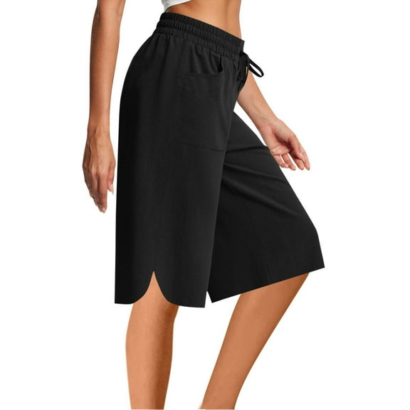 Womens Shorts Plus Size Solid Color Cotton Linen Elastic Waist Drawstring Casual Bermuda Shorts with Pockets Black XL