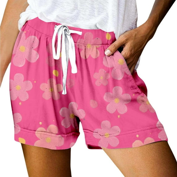 Womens Shorts Print Loose Lace Up High Waisted Sports Trendy Casual Shorts with Pockets S-2XL