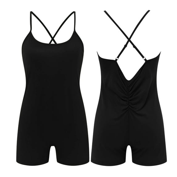Womens Shorts Rompers Sleeveless Fitness Rompers V Back Tights One-Piece Suit Black Athletic Shorts For Women L