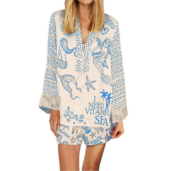 Womens Shorts Set Casual Beach Stylish Printed Long Sleeve V Neck Loose Shirt Shorts Suit Womens Summer Outfits Blue XL