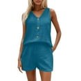 thumbnail image 1 of Womens Shorts Set Casual Sleeveless Solid Buttons Tops 3 Inch Shorts Vacation Comfortable Suit Summer Outfits For Women Dark Blue XXL, 1 of 5