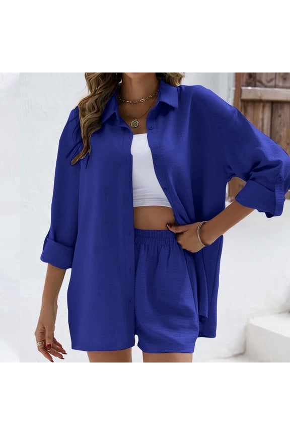 Womens Shorts Sets 2 Piece Button Up Collared Long Sleeve Shirts Going Out Loungewear Outfits Casual Solid Comfort Suits Fall