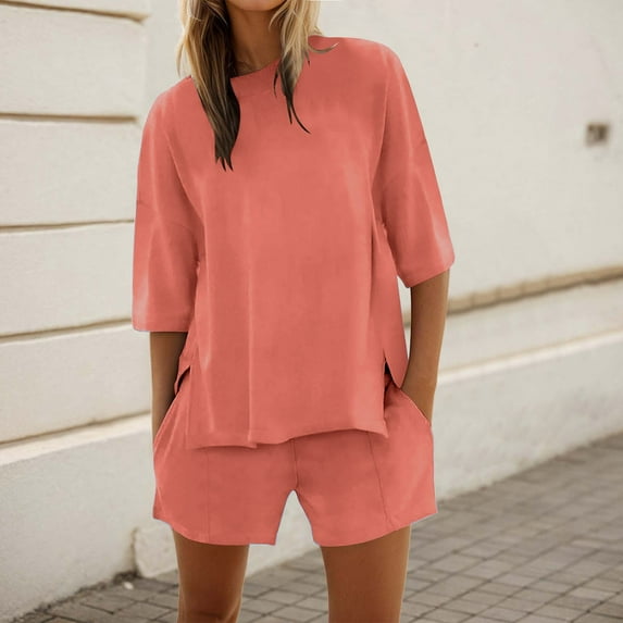 Womens Shorts Sets 2 Piece Outfits Summer 2025 Half Sleeve Crew Neck Sets Matching Clothing Athletic Suits for Women Womens Swimming Shorts Womens Bathing Suit Bottom Small Size Swimming Suit for
