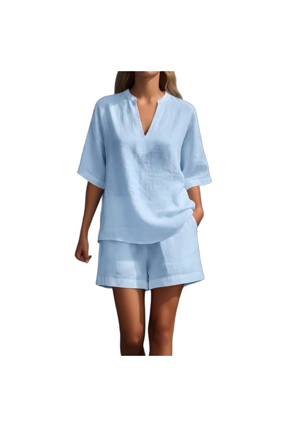 Womens Shorts Sets Outfits for Women 2 Piece Sets Summer Outfits for Women Summer Clothes Solid Color V Neck Casual Top and Shorts Two Piece Summer Sets