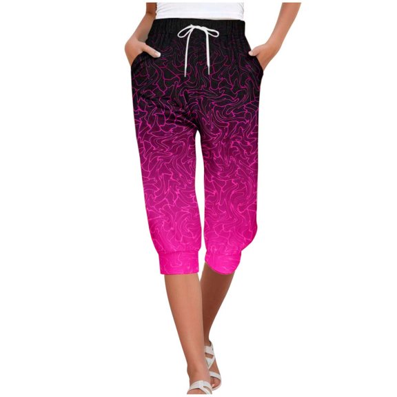 Womens Shorts Stretchy Casual Fashion Printed Capri Pants Drawstring Athletic Trousers Loose High Waisted Short S-2XL