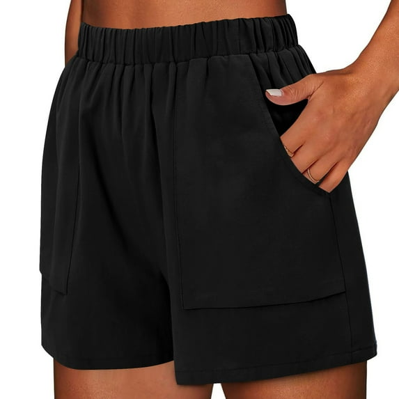 Womens Shorts Stretchy Elastic Waist Casual Solid Color Ladies Comfy Lightweight Loose High Waisted Short with Pockets S-2XL