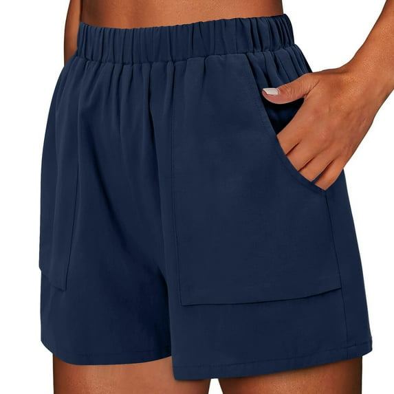 Womens Shorts Stretchy Elastic Waist Solid Color Ladies Comfy Lightweight Baggy Dressy Casual Womens Jorts with Pockets S-2XL