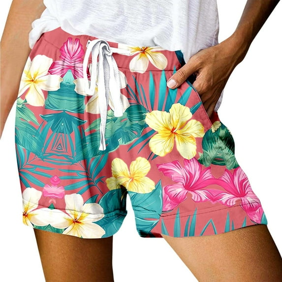 Womens Shorts Stretchy Print Loose Lace Up High Waisted Sports Summer Casual Beach Shorts with Pockets S-2XL