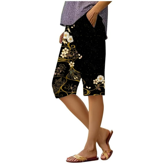 Womens Shorts Stretchy Stylish Printed Loose Capri Pants Summer Flowy Shorts S-2XL