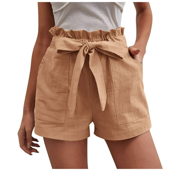 Womens Shorts Stretchy for Bowknot Belted Elastic High Waisted Summer Beach Baggy Dressy Casual Womens Jorts with Pockets S-2XL