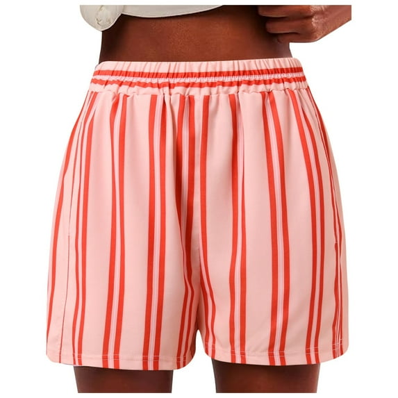 Womens Shorts Striped Elastic High Waisted Lounge Trendy Comfy Drawstring Pockets Bermuda Running Pull on Mid Polyester Red Bloomer Shorts Sizes M