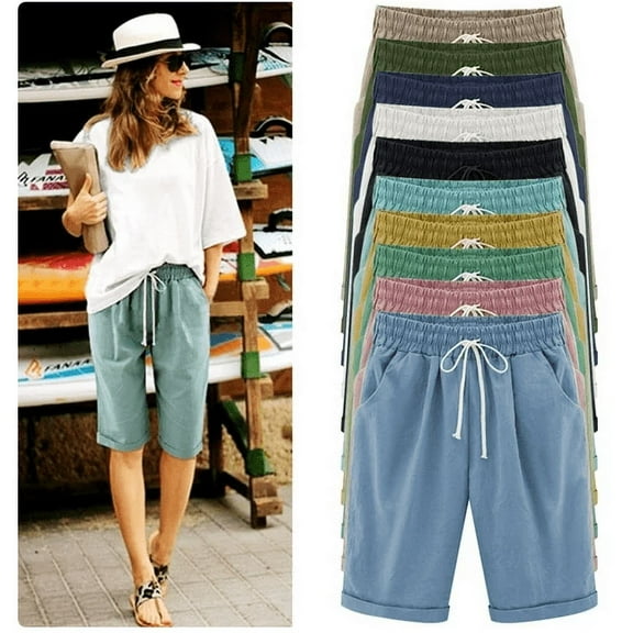 Womens Shorts Summer 2024 Plus Size Solid Five Points Large Size Cotton Linen Shorts with Pockets Casual Pants on Clearance Black_2XL