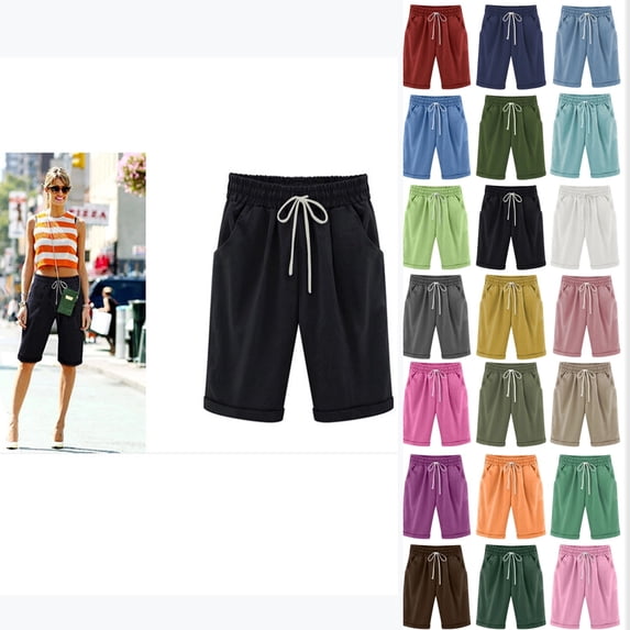 Womens Shorts Summer 2024 Plus Size Solid Five Points Large Size Cotton Linen Shorts with Pockets Casual Pants on Clearance Black_L