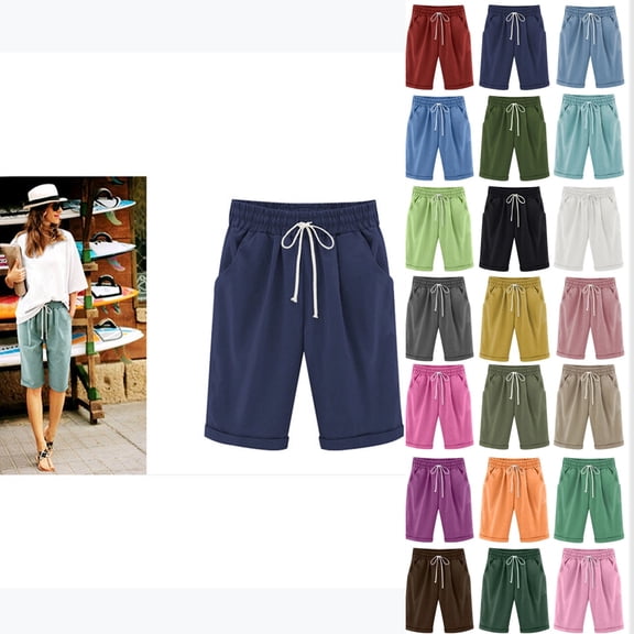 Womens Shorts Summer 2024 Plus Size Solid Five Points Large Size Cotton Linen Shorts with Pockets Casual Pants on Clearance Dark Blue_3XL
