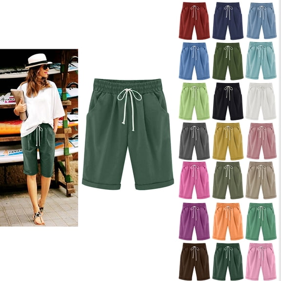 Womens Shorts Summer 2024 Plus Size Solid Five Points Large Size Cotton Linen Shorts with Pockets Casual Pants on Clearance Green_2XL
