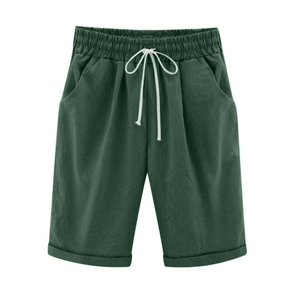 Womens Shorts Summer 2024 Plus Size Solid Five Points Large Size Cotton Linen Shorts with Pockets Casual Pants on Clearance Green_2XL