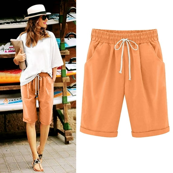 Womens Shorts Summer 2024 Plus Size Solid Five Points Large Size Cotton Linen Shorts with Pockets Casual Pants on Clearance Orange_M