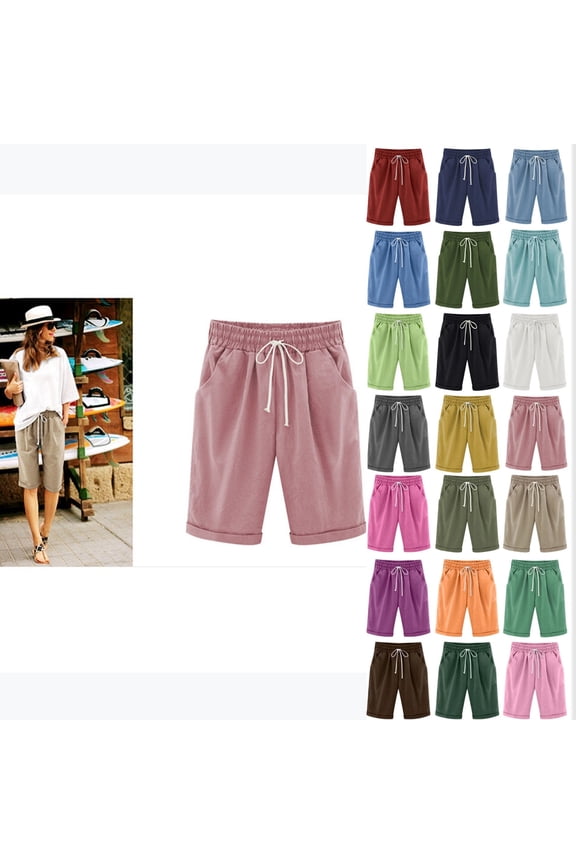 Womens Shorts Summer 2024 Plus Size Solid Five Points Large Size Cotton Linen Shorts with Pockets Casual Pants on Clearance Pink_2XL
