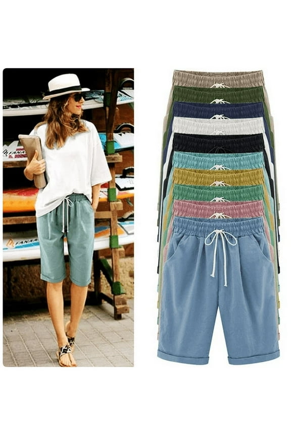 Womens Shorts Summer 2024 Plus Size Solid Five Points Large Size Cotton Linen Shorts with Pockets Casual Pants on Clearance Pink_S