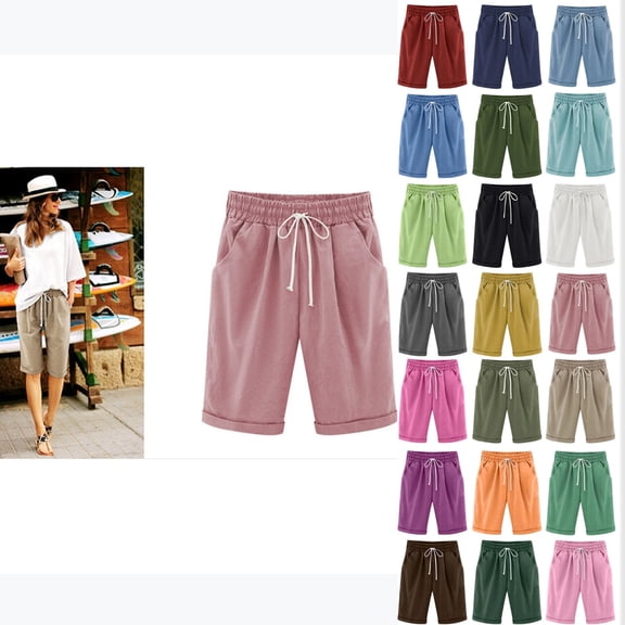 Womens Shorts Summer 2024 Plus Size Solid Five Points Large Size Cotton Linen Shorts with Pockets Casual Pants on Clearance Pink_S